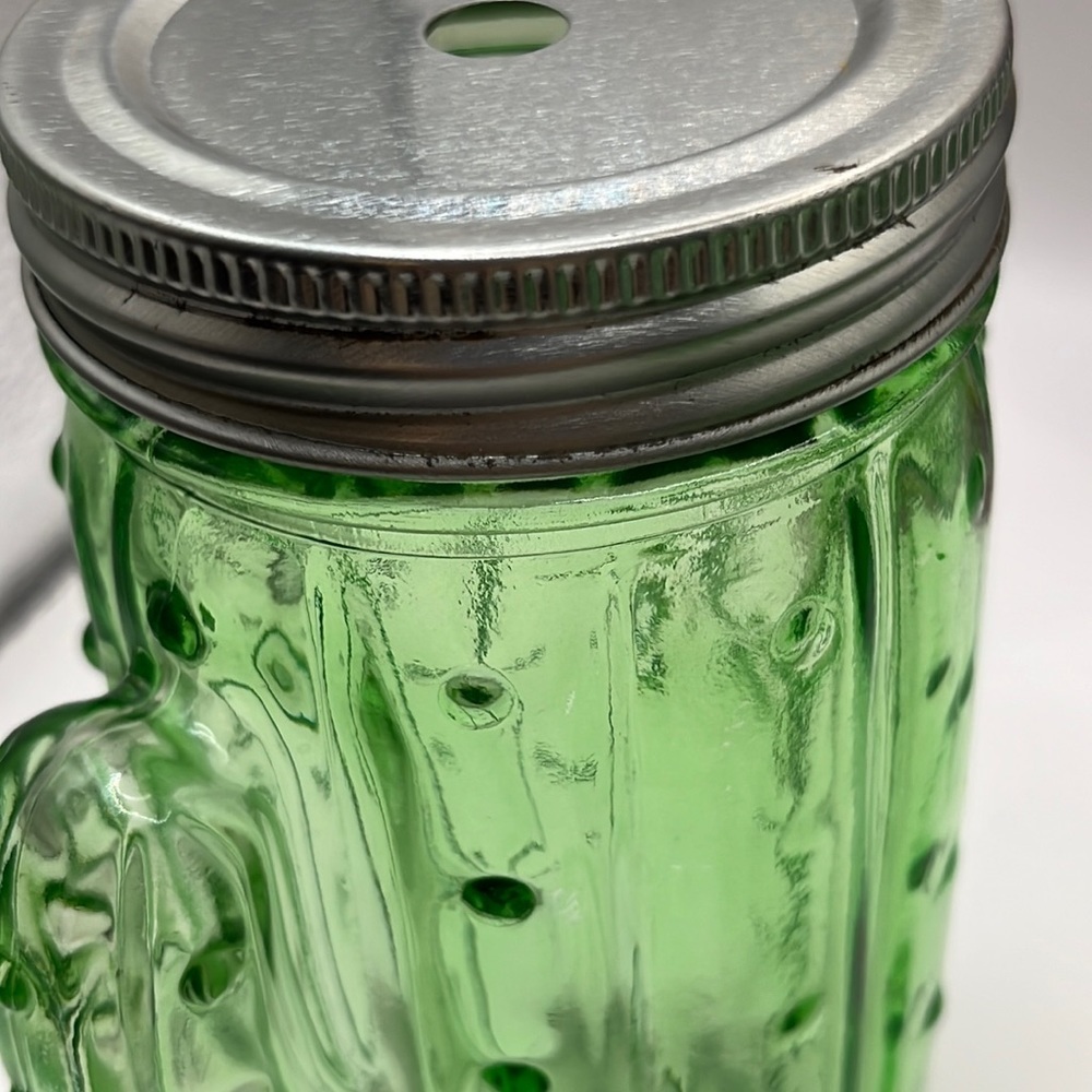 Green Cactus Glass Mason Jar Drinking Glasses with Lids - Set of 4 - Picture 5 of 6